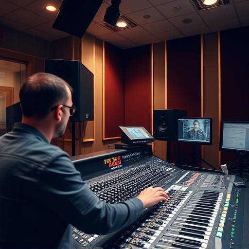 Ein modernes Mischpult in einem Tonstudio, das von einem Toningenieur bedient wird.