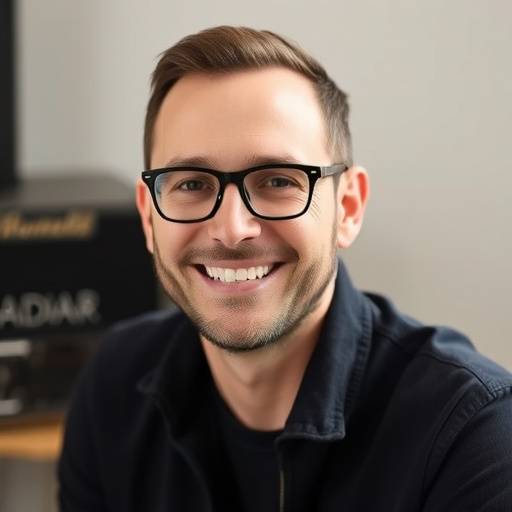 Ein Porträt von Adrian Meier, einem freundlich lächelnden Musikproduzenten.