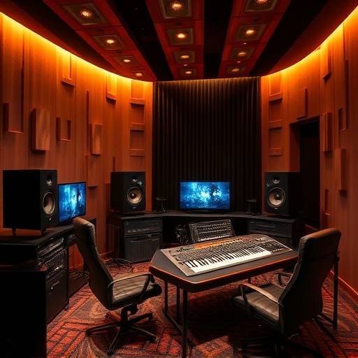 Ein professionelles Mastering-Studio mit hochwertigen Lautsprechern und akustischen Behandlungselementen.
